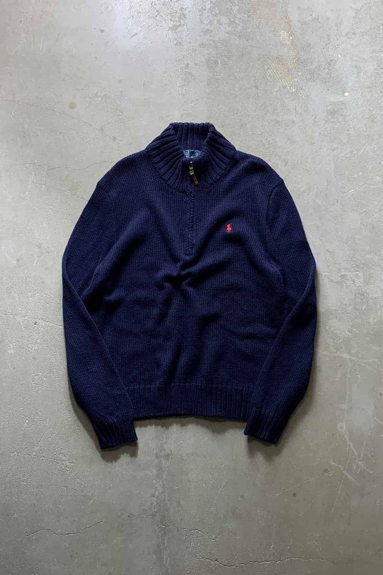 90'S HALF ZIP COTTON KNIT SWEATER / NAVY [SIZE: L USED]