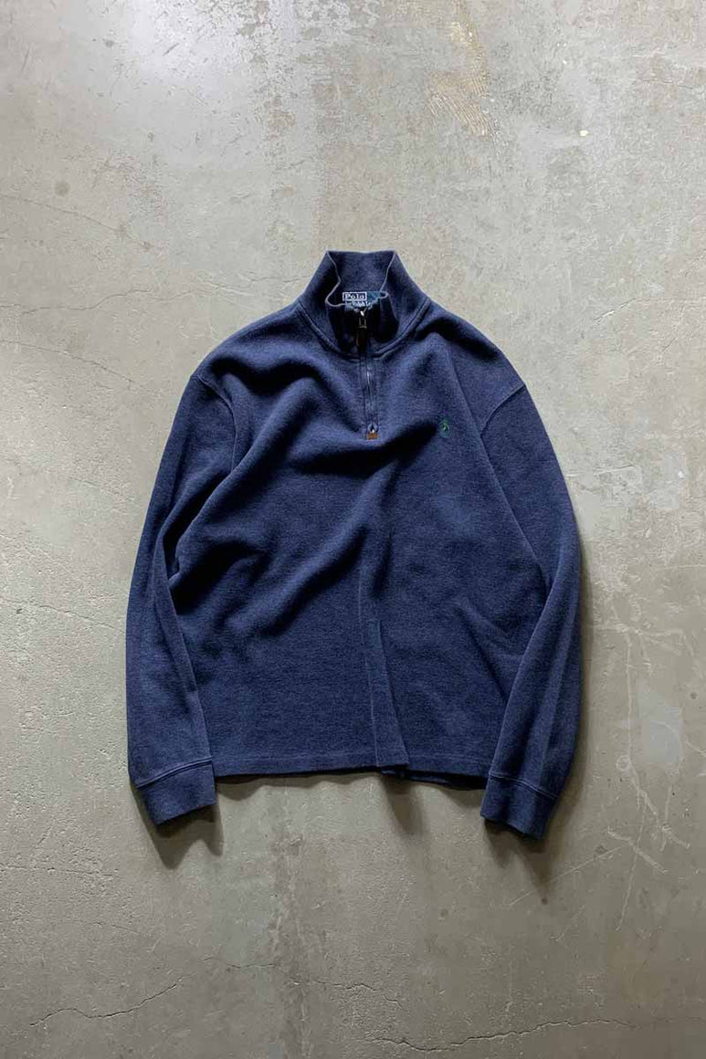 90'S HALF ZIP COTTON KNIT SWEATER / DUSTY BLUE [SIZE: M USED]