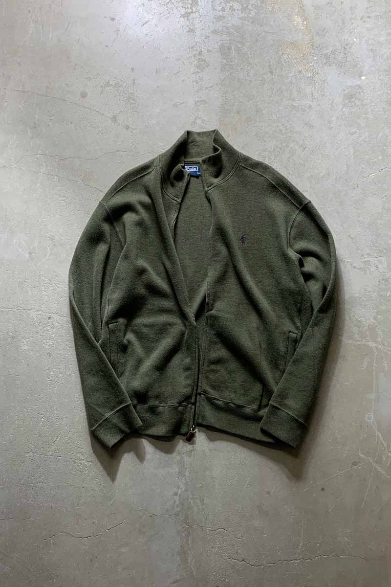 90'S FULL ZIP COTTON KNIT SWEATER / OLIVE [SIZE: M USED]