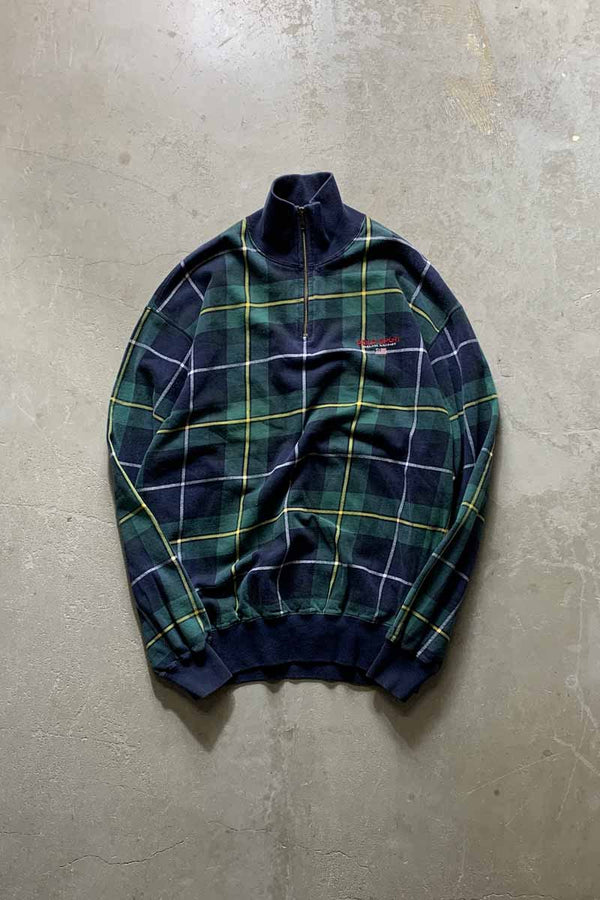 90'S HALF ZIP CHECK SWEATSHIRT / GREEN / NAVY [SIZE: L USED]