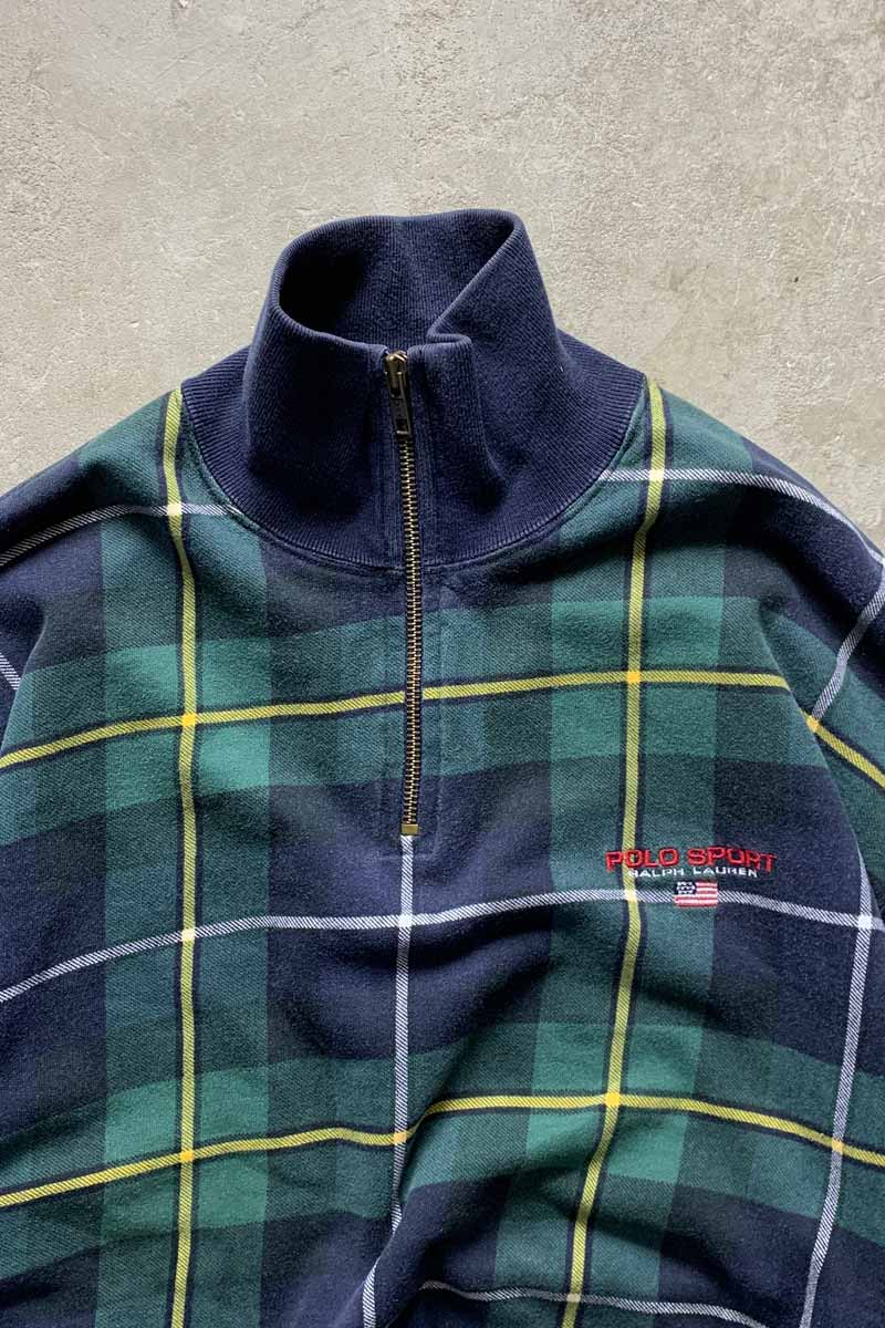 90'S HALF ZIP CHECK SWEATSHIRT / GREEN / NAVY [SIZE: L USED]