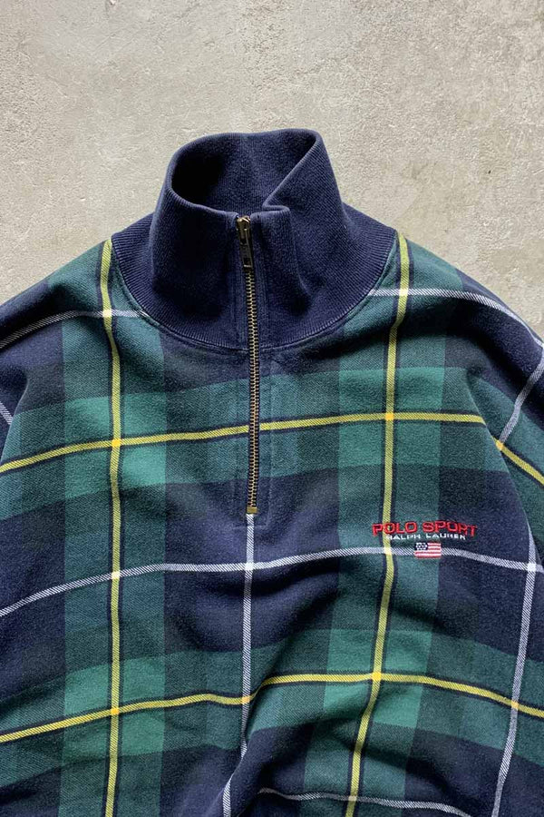 90'S HALF ZIP CHECK SWEATSHIRT / GREEN / NAVY [SIZE: L USED]