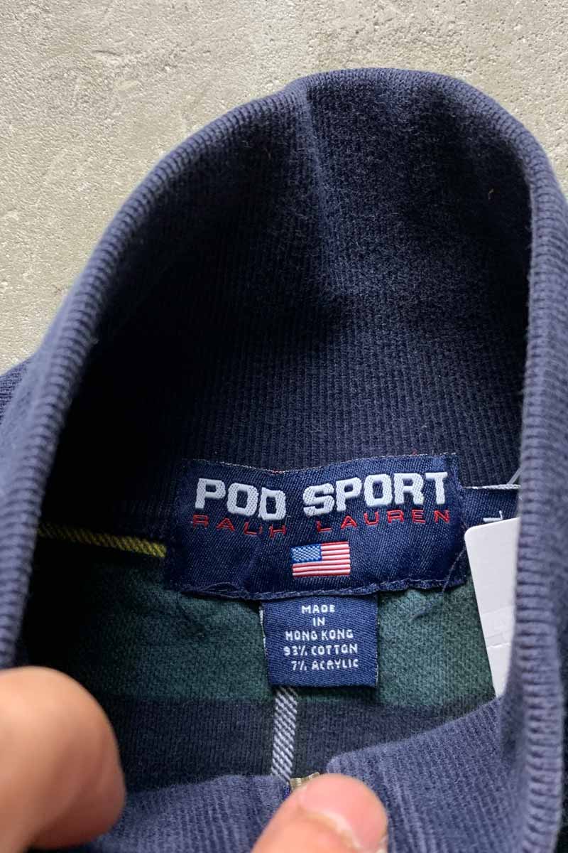 90'S HALF ZIP CHECK SWEATSHIRT / GREEN / NAVY [SIZE: L USED]