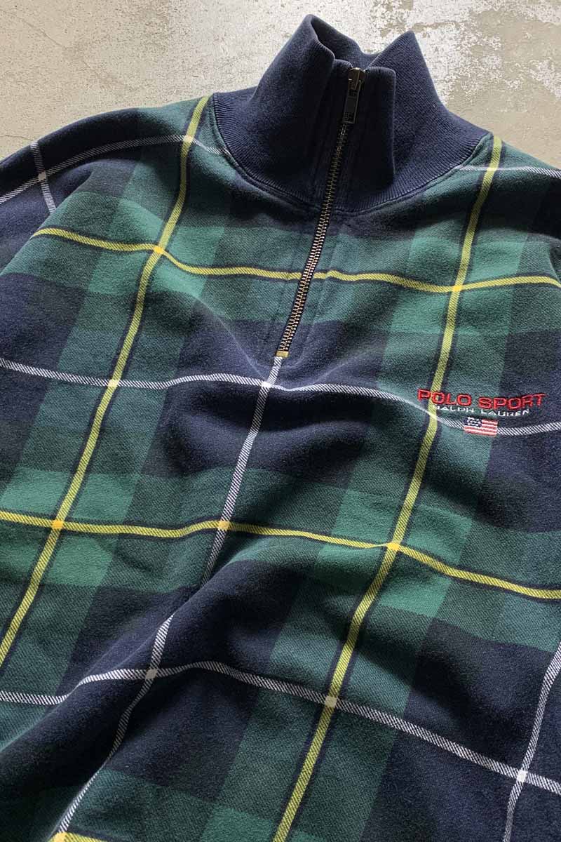 90'S HALF ZIP CHECK SWEATSHIRT / GREEN / NAVY [SIZE: L USED]