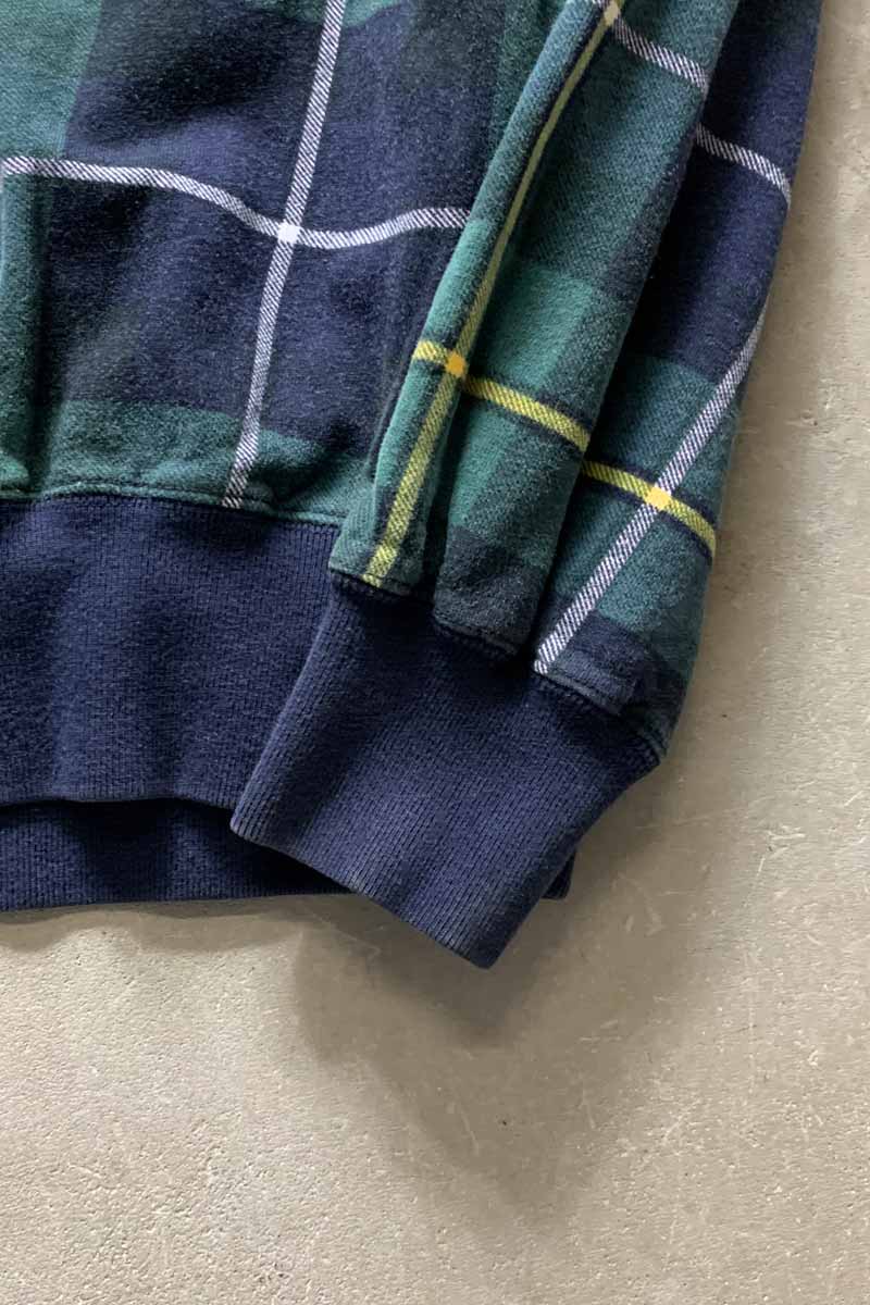 90'S HALF ZIP CHECK SWEATSHIRT / GREEN / NAVY [SIZE: L USED]