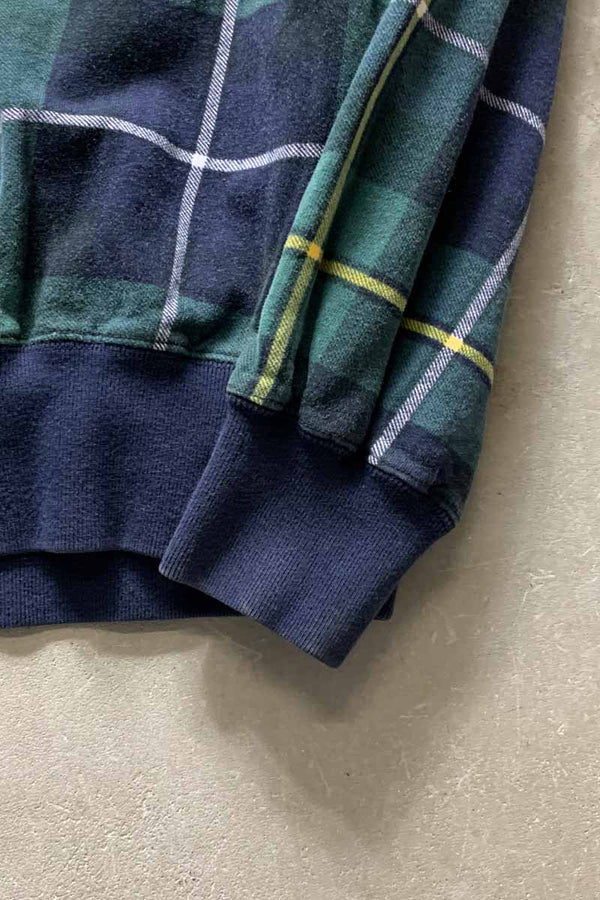 90'S HALF ZIP CHECK SWEATSHIRT / GREEN / NAVY [SIZE: L USED]