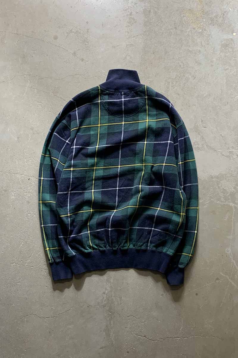 90'S HALF ZIP CHECK SWEATSHIRT / GREEN / NAVY [SIZE: L USED]