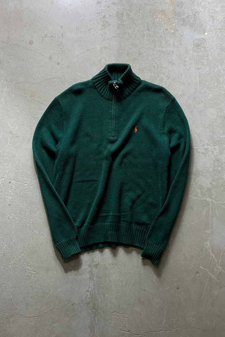 90'S HALF ZIP PIMA COTTON KNIT SWEATER / GREEN [SIZE: L USED]