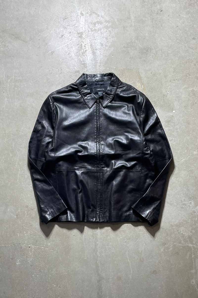 ZIP UP PUNCHING LEATHER JACKET / BLACK [SIZE: XL USED]