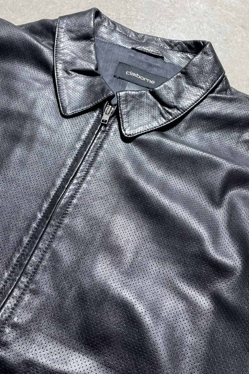 ZIP UP PUNCHING LEATHER JACKET / BLACK [SIZE: XL USED]