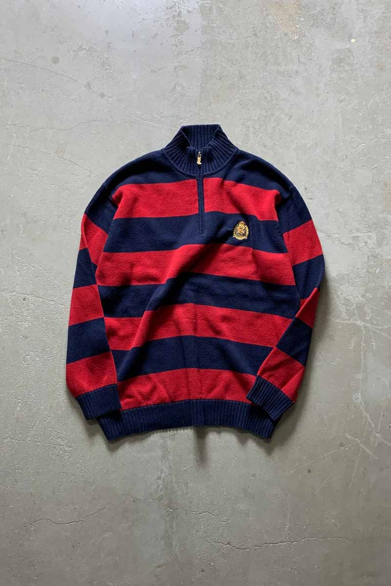 90'S HALF ZIP BORDER COTTON KNIT SWEATER / RED / NAVY [SIZE: M USED]