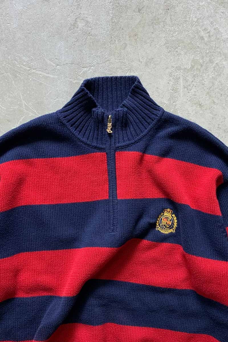 90'S HALF ZIP BORDER COTTON KNIT SWEATER / RED / NAVY [SIZE: M USED]
