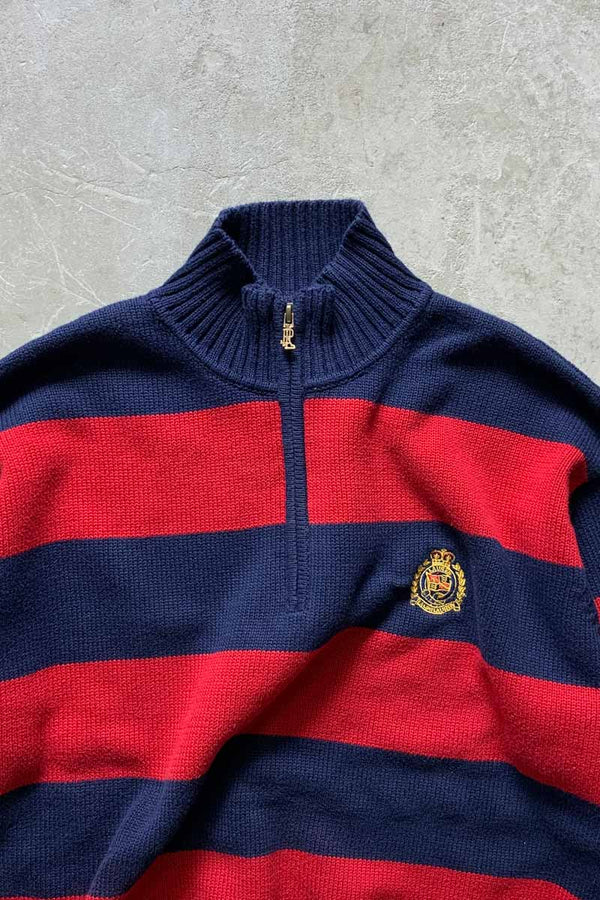90'S HALF ZIP BORDER COTTON KNIT SWEATER / RED / NAVY [SIZE: M USED]