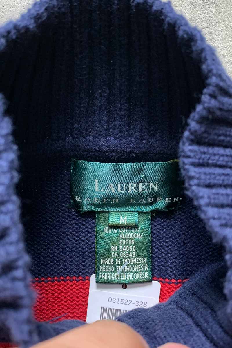 90'S HALF ZIP BORDER COTTON KNIT SWEATER / RED / NAVY [SIZE: M USED]