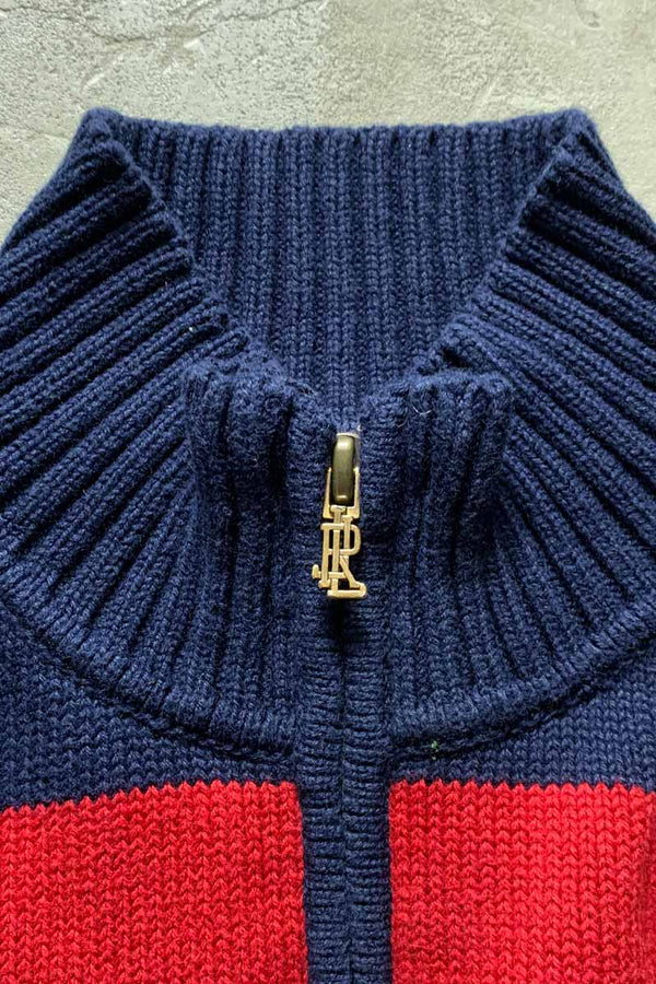 90'S HALF ZIP BORDER COTTON KNIT SWEATER / RED / NAVY [SIZE: M USED]
