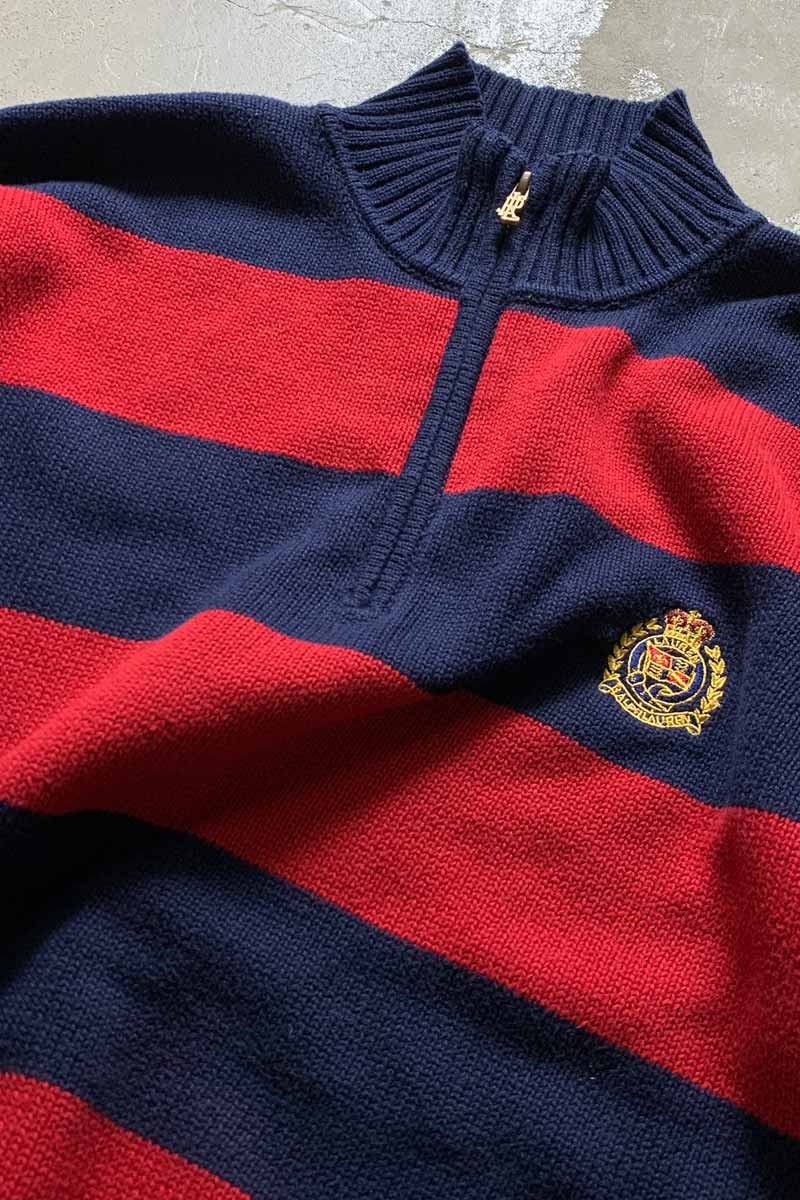 90'S HALF ZIP BORDER COTTON KNIT SWEATER / RED / NAVY [SIZE: M USED]