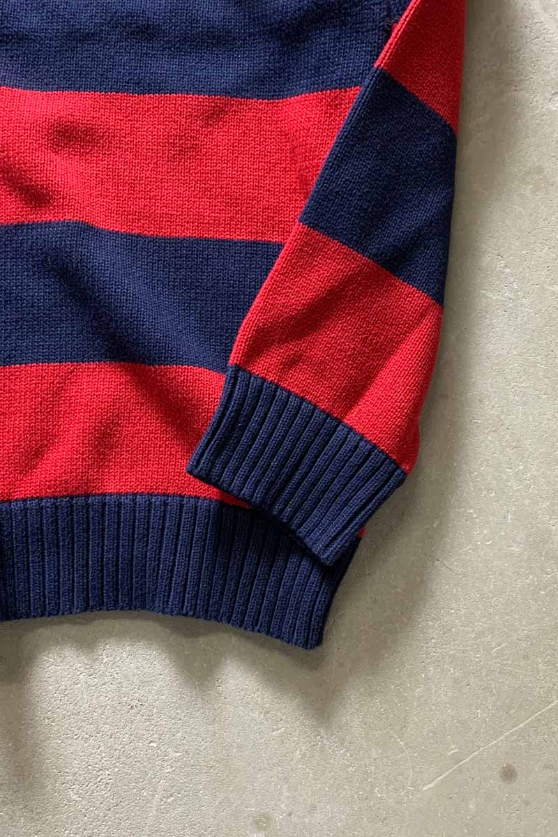 90'S HALF ZIP BORDER COTTON KNIT SWEATER / RED / NAVY [SIZE: M USED]