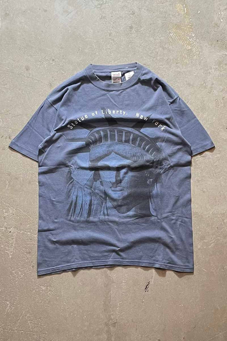 MADE IN USA 90'S S/S STATUE OF LIBERTY NY PRINT T-SHIRT / CHARCOAL BLUE [SIZE: L USED]