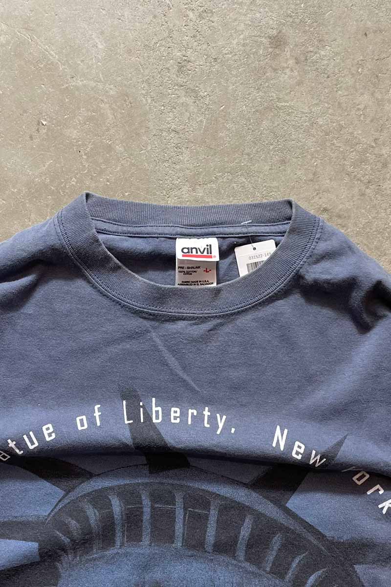 MADE IN USA 90'S S/S STATUE OF LIBERTY NY PRINT T-SHIRT / CHARCOAL BLUE [SIZE: L USED]