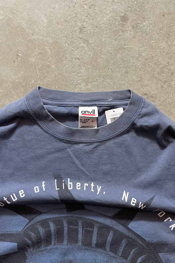 MADE IN USA 90'S S/S STATUE OF LIBERTY NY PRINT T-SHIRT / CHARCOAL BLUE [SIZE: L USED]