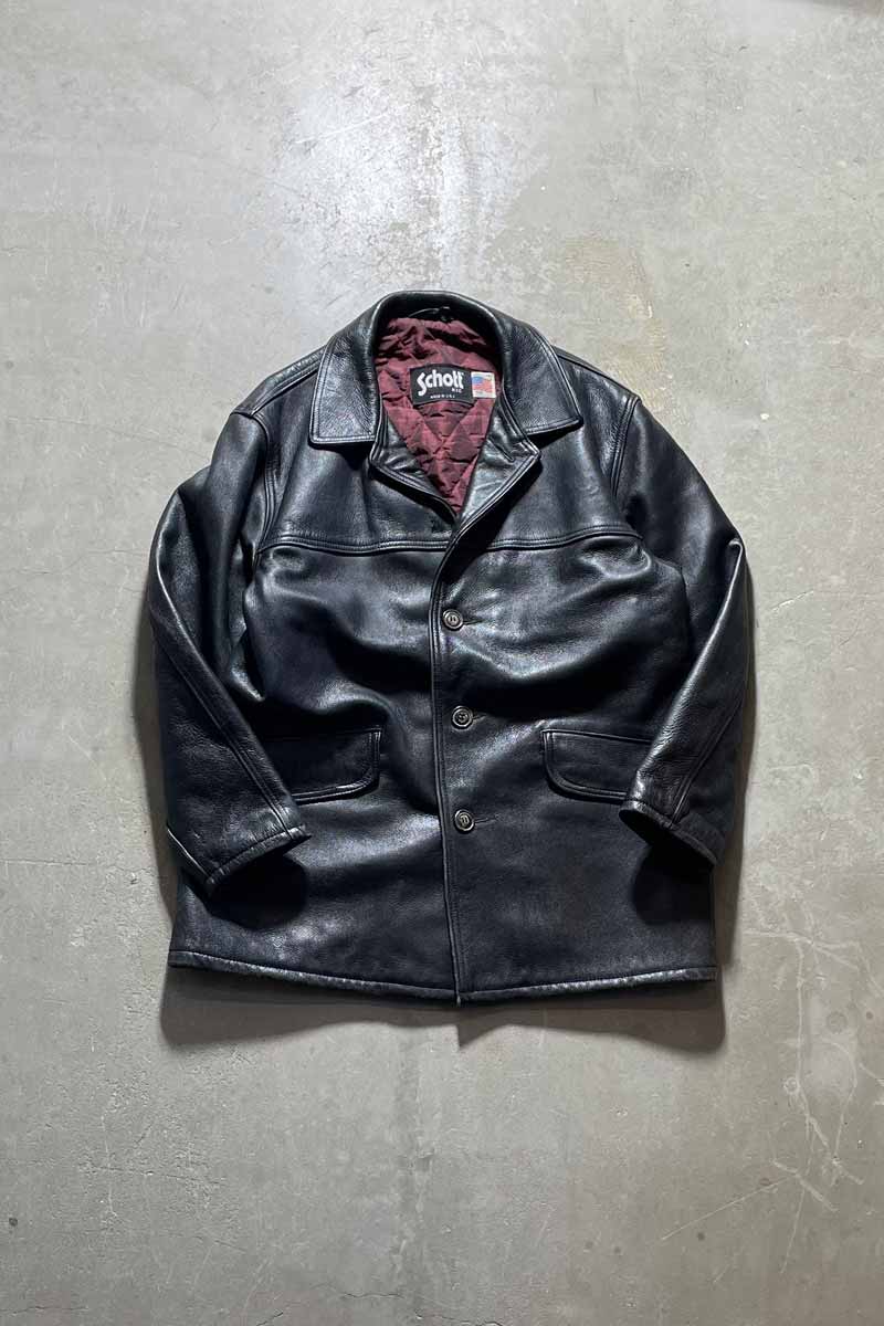 MADE IN USA 90'S LEATHER CAR COAT / BLACK [SIZE: L USED]