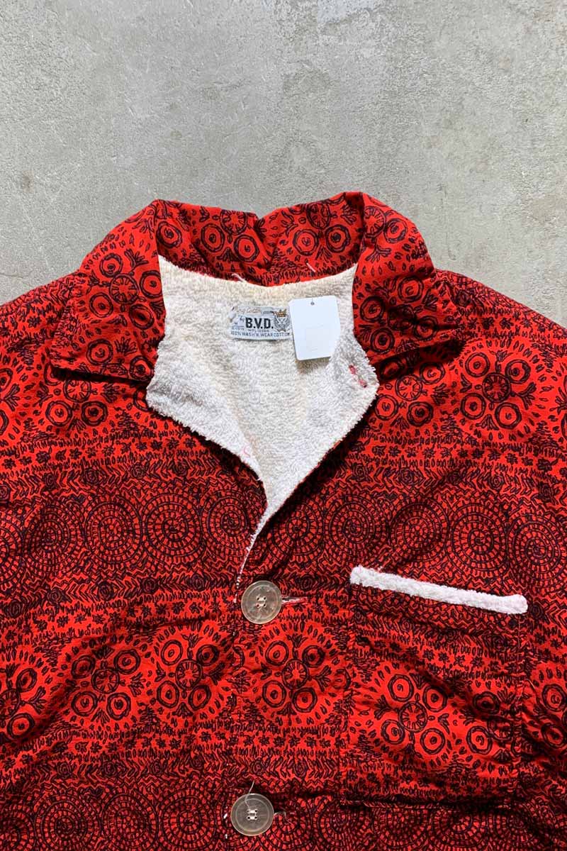 60s-70s Pattern Short-Sleeve Beach Shirt / Red [SIZE: M USED]