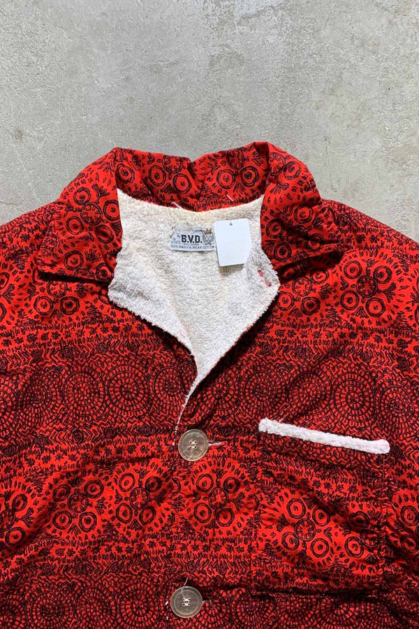 60s-70s Pattern Short-Sleeve Beach Shirt / Red [SIZE: M USED]
