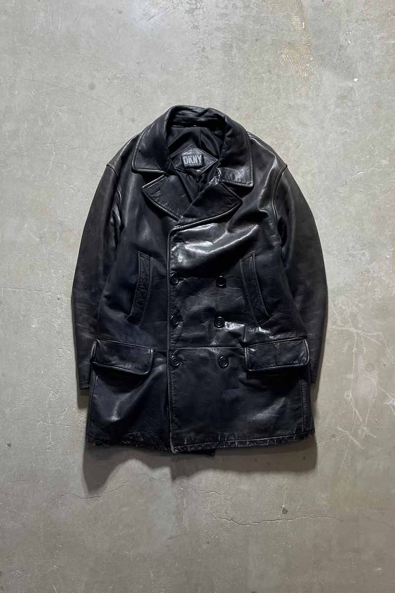 90'S BUTTON LEATHER COAT / BLACK [SIZE: L USED]