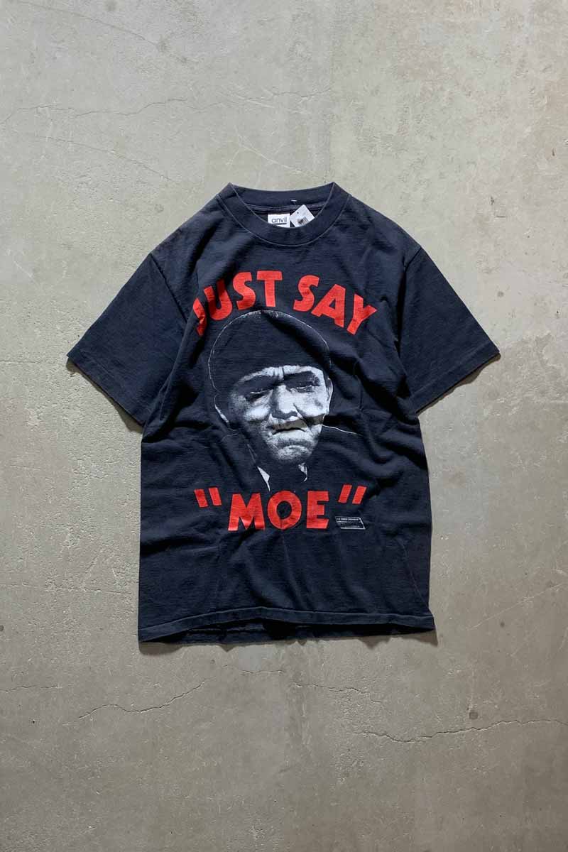 MADE IN USA 80'S THE THREE STOOGERS JUST SAY MOE PRINT MOVIE T-SHIRT / BLACK [SIZE: L USED]