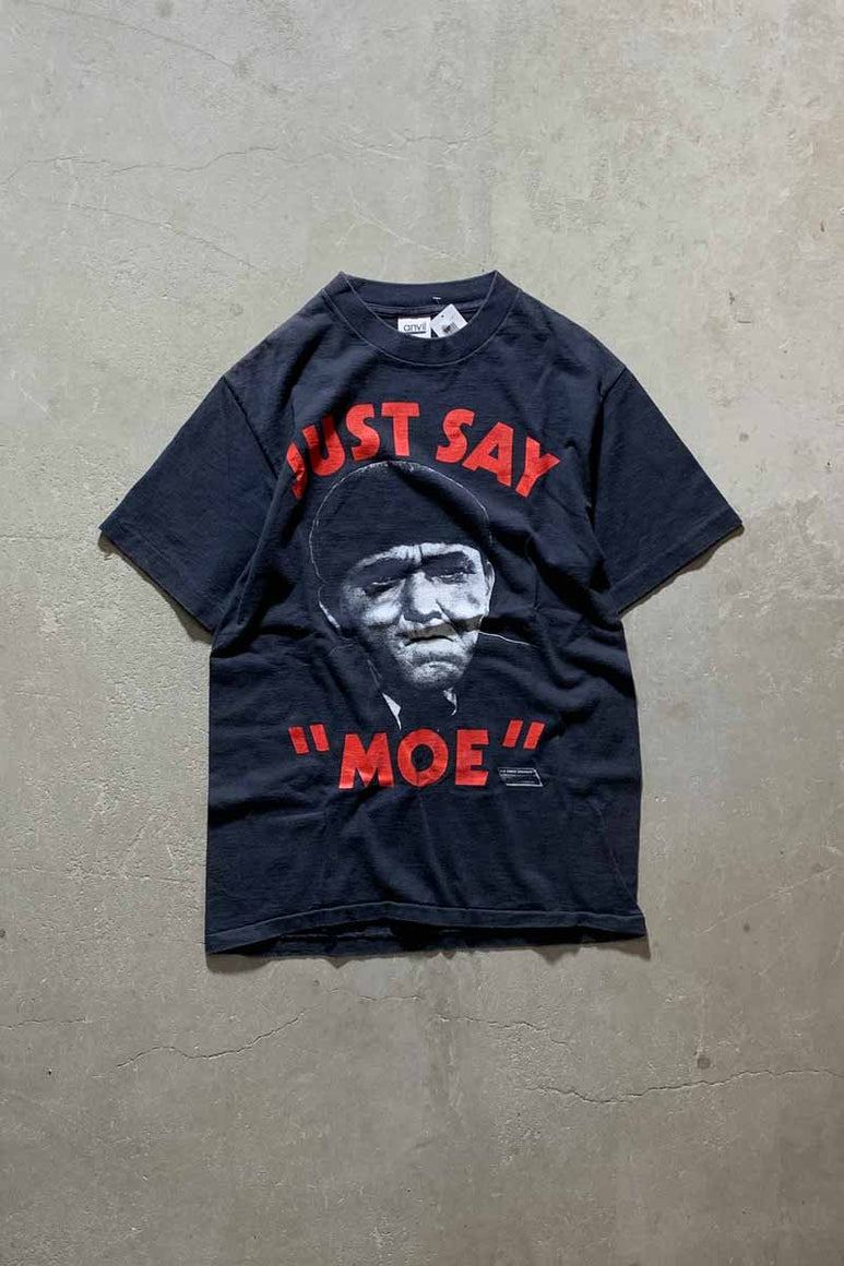 MADE IN USA 80'S THE THREE STOOGERS JUST SAY MOE PRINT MOVIE T-SHIRT / BLACK [SIZE: L USED]
