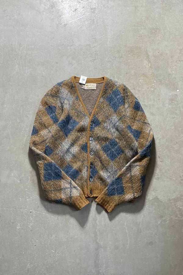 MADE IN USA 60'S ARGYLE POLY WOOL MOHAIR CARDIGAN / MULTI [SIZE: L USED]