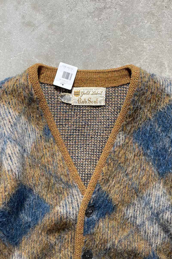 MADE IN USA 60'S ARGYLE POLY WOOL MOHAIR CARDIGAN / MULTI [SIZE: L USED]
