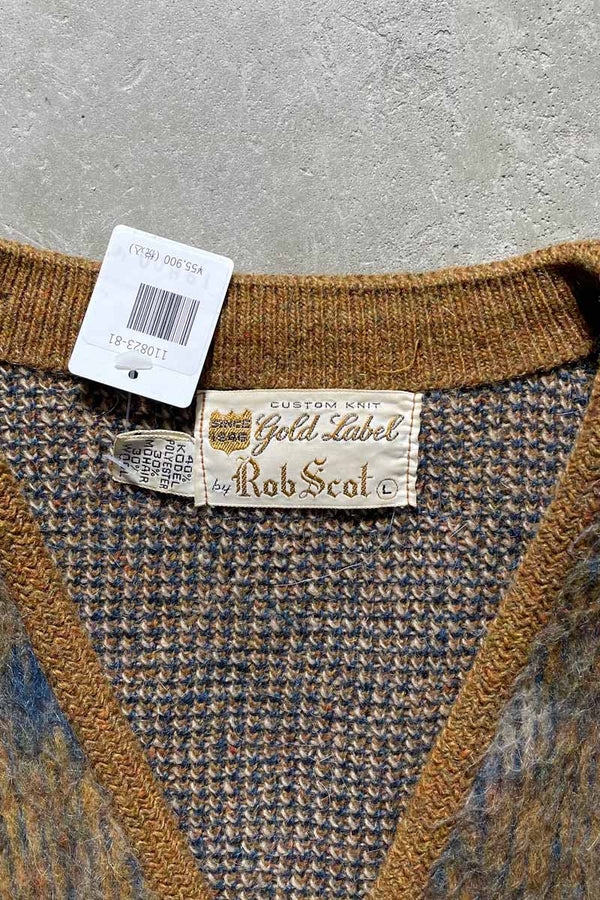 MADE IN USA 60'S ARGYLE POLY WOOL MOHAIR CARDIGAN / MULTI [SIZE: L USED]