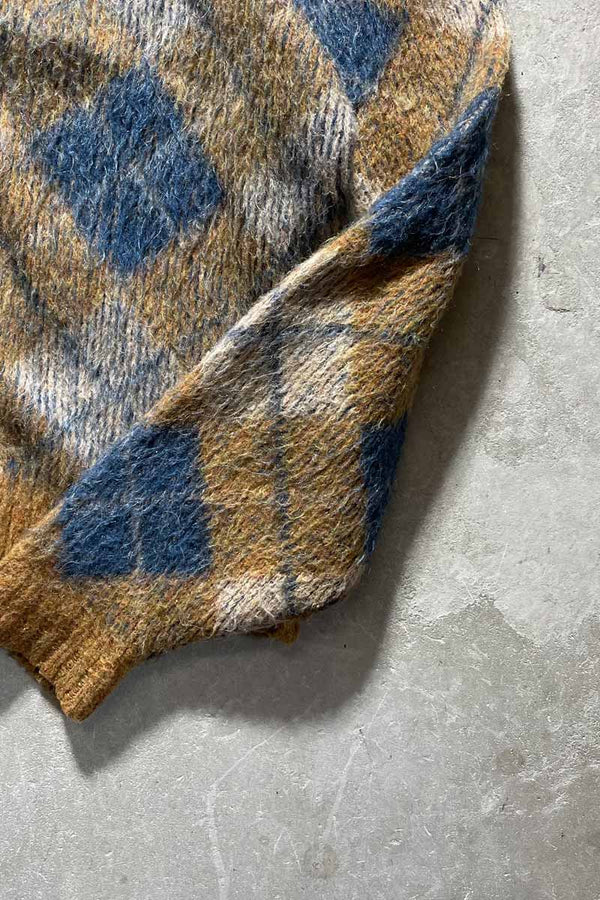 MADE IN USA 60'S ARGYLE POLY WOOL MOHAIR CARDIGAN / MULTI [SIZE: L USED]