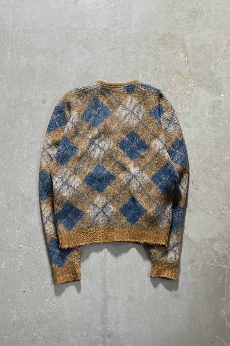 MADE IN USA 60'S ARGYLE POLY WOOL MOHAIR CARDIGAN / MULTI [SIZE: L USED]