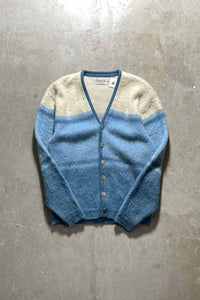MADE IN USA 60'S METAL BUTTON BORDER ACRYLIC MOHAIR CARDIGAN / BLUE [SIZE: M USED]