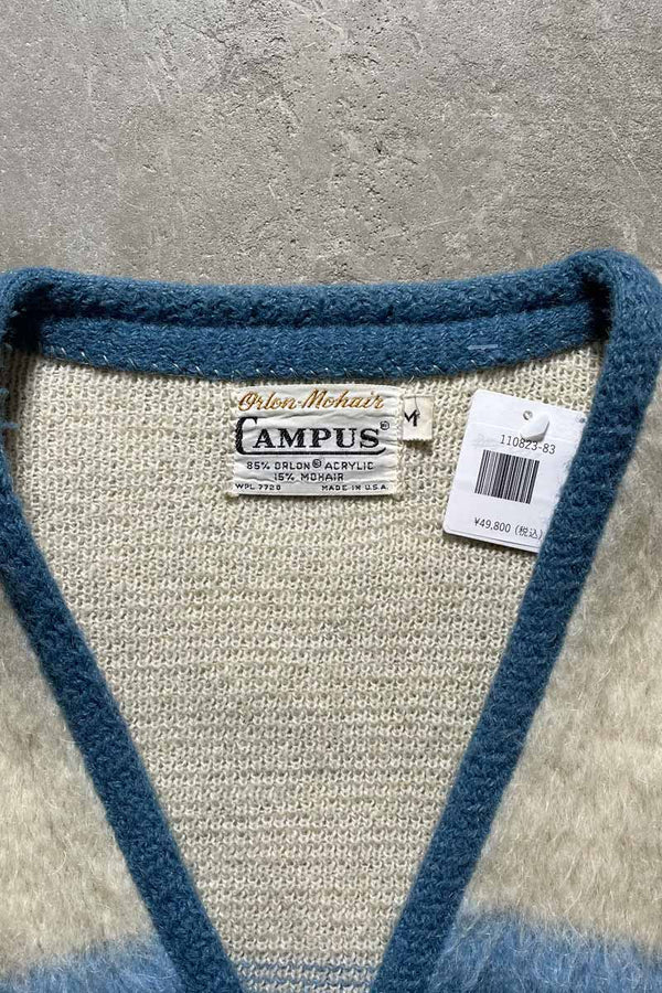 MADE IN USA 60'S METAL BUTTON BORDER ACRYLIC MOHAIR CARDIGAN / BLUE [SIZE: M USED]