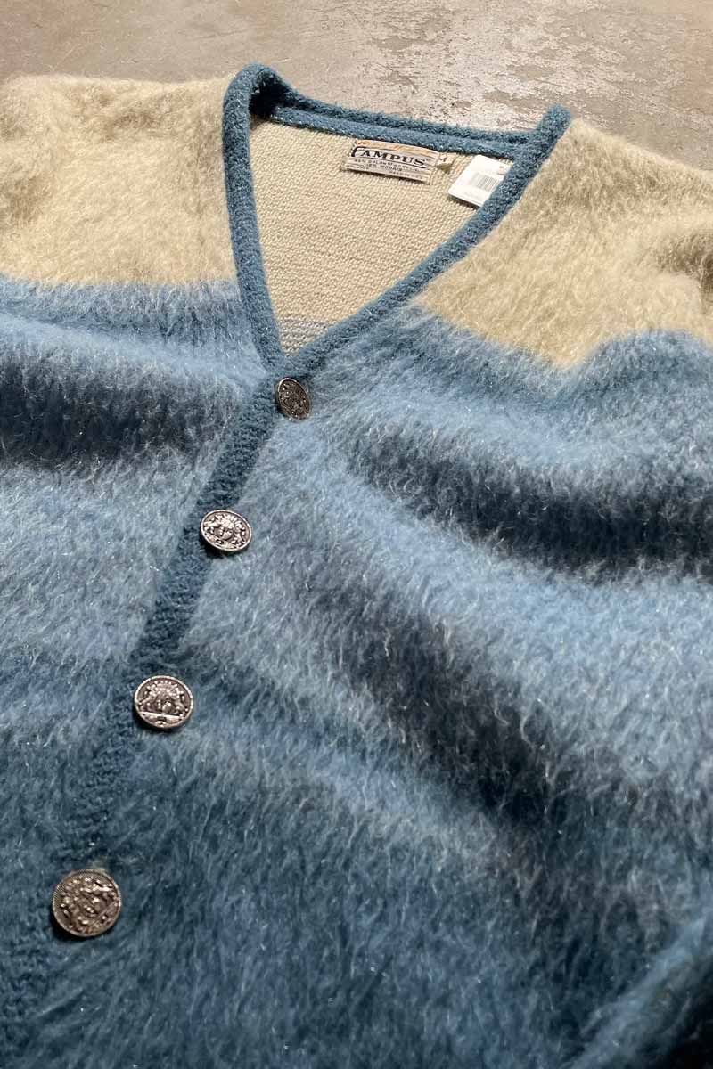 MADE IN USA 60'S METAL BUTTON BORDER ACRYLIC MOHAIR CARDIGAN / BLUE [SIZE: M USED]