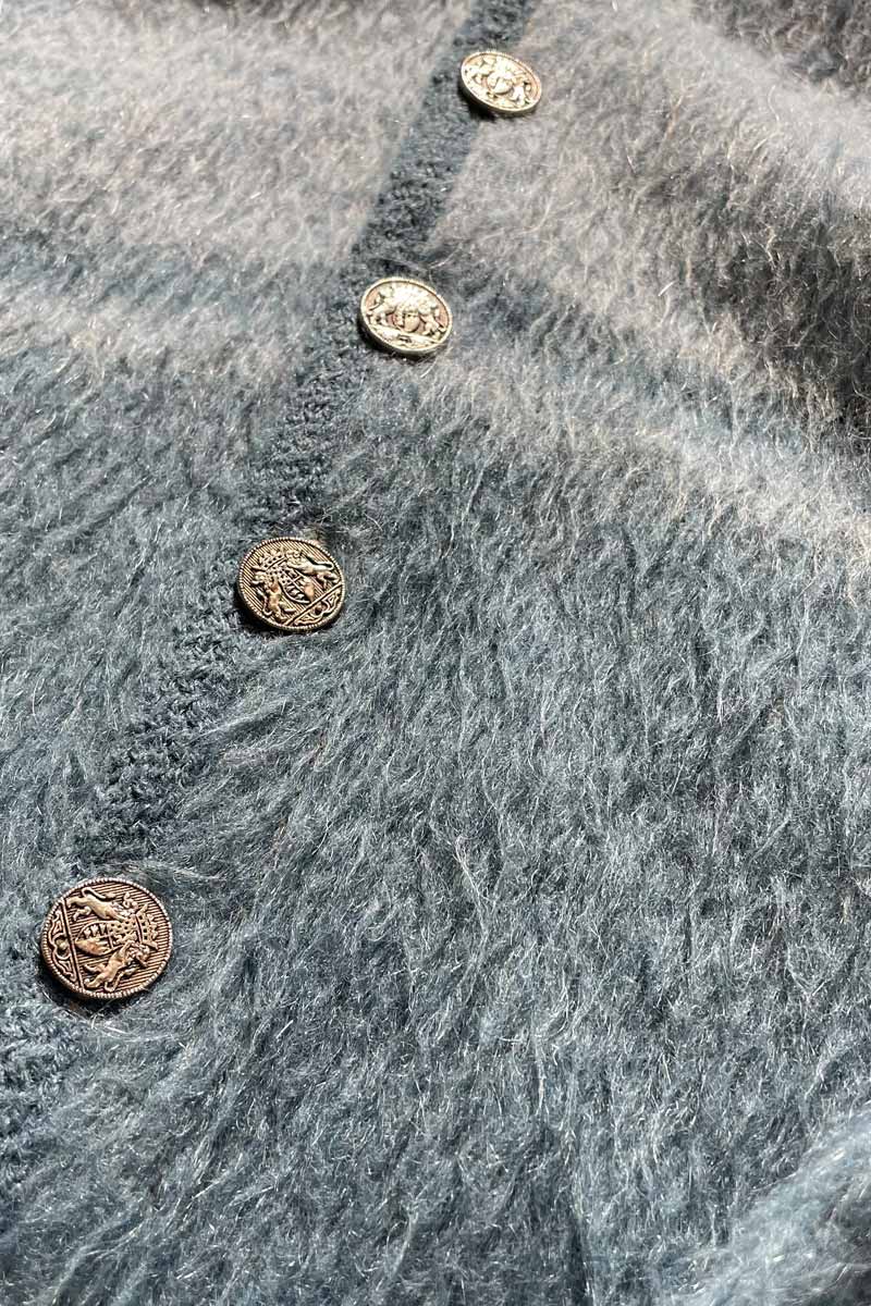 MADE IN USA 60'S METAL BUTTON BORDER ACRYLIC MOHAIR CARDIGAN / BLUE [SIZE: M USED]