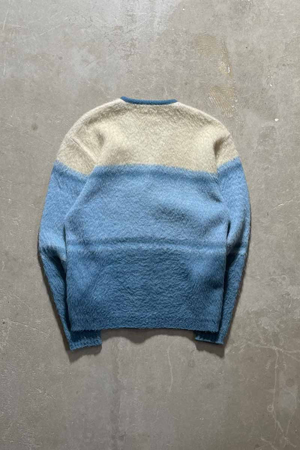 MADE IN USA 60'S METAL BUTTON BORDER ACRYLIC MOHAIR CARDIGAN / BLUE [SIZE: M USED]