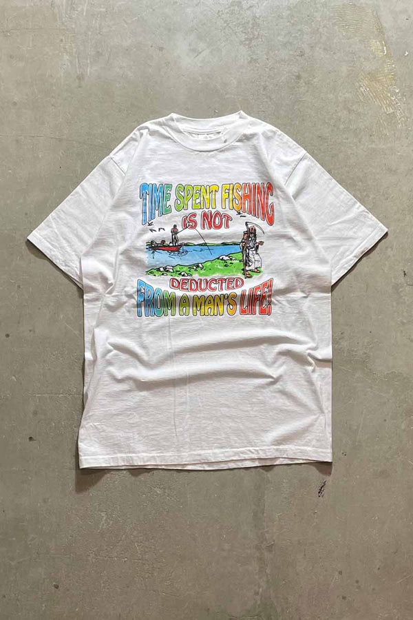 MADE IN USA 90'S S/S TIME SPEND FISHING MESSAGE T-SHIRT / WHITE [SIZE: XL USED]