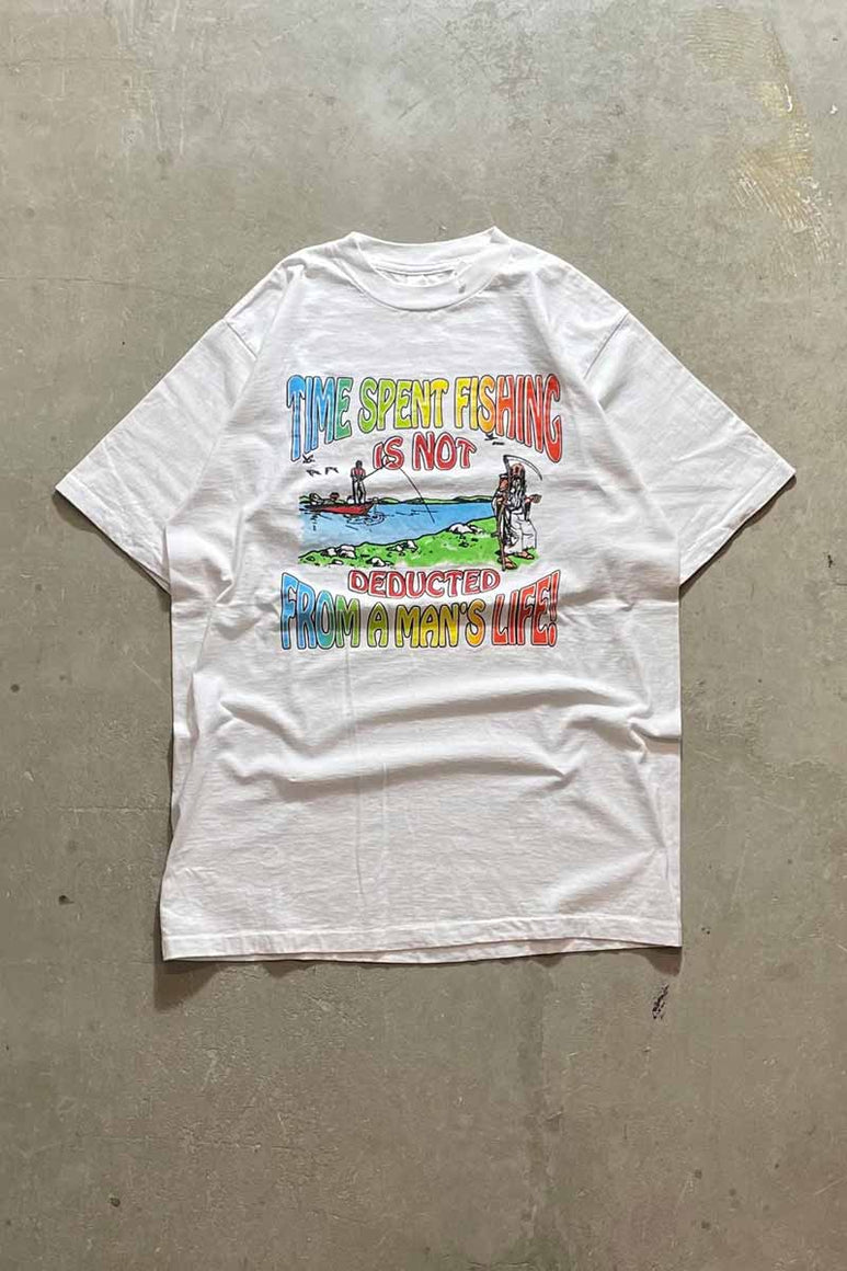 MADE IN USA 90'S S/S TIME SPEND FISHING MESSEGE T-SHIRT / WHITE [SIZE: XL USED]