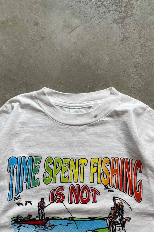 MADE IN USA 90'S S/S TIME SPEND FISHING MESSAGE T-SHIRT / WHITE [SIZE: XL USED]