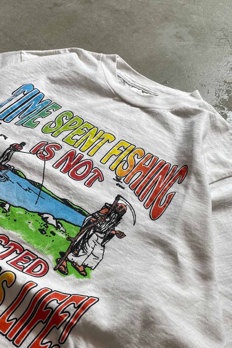 MADE IN USA 90'S S/S TIME SPEND FISHING MESSAGE T-SHIRT / WHITE [SIZE: XL USED]