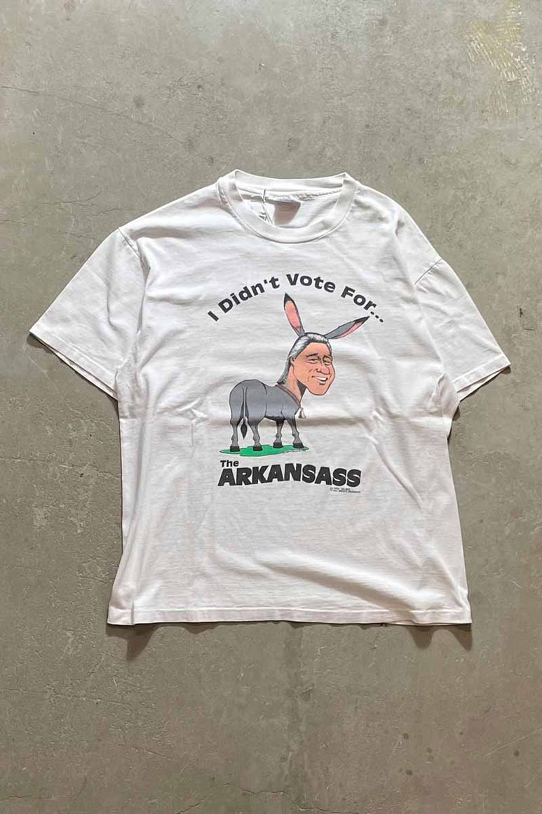 MADE IN USA 93'S S/S BILL CLINTON I DIDN'T VOTE FOR PRINT MESSAGE T-SHIRT / WHITE [SIZE: L USED]