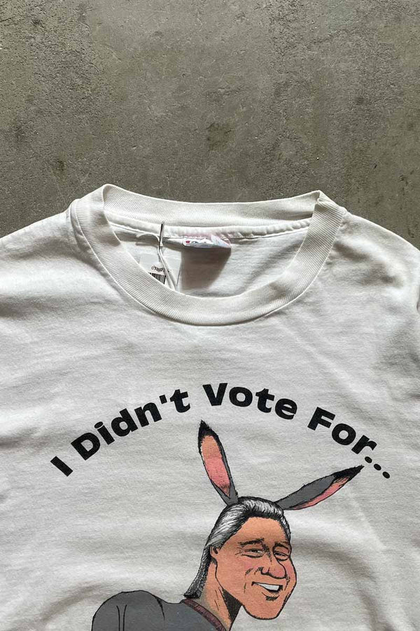MADE IN USA 93'S S/S BILL CLINTON I DIDN'T VOTE FOR PRINT MESSAGE T-SHIRT / WHITE [SIZE: L USED]