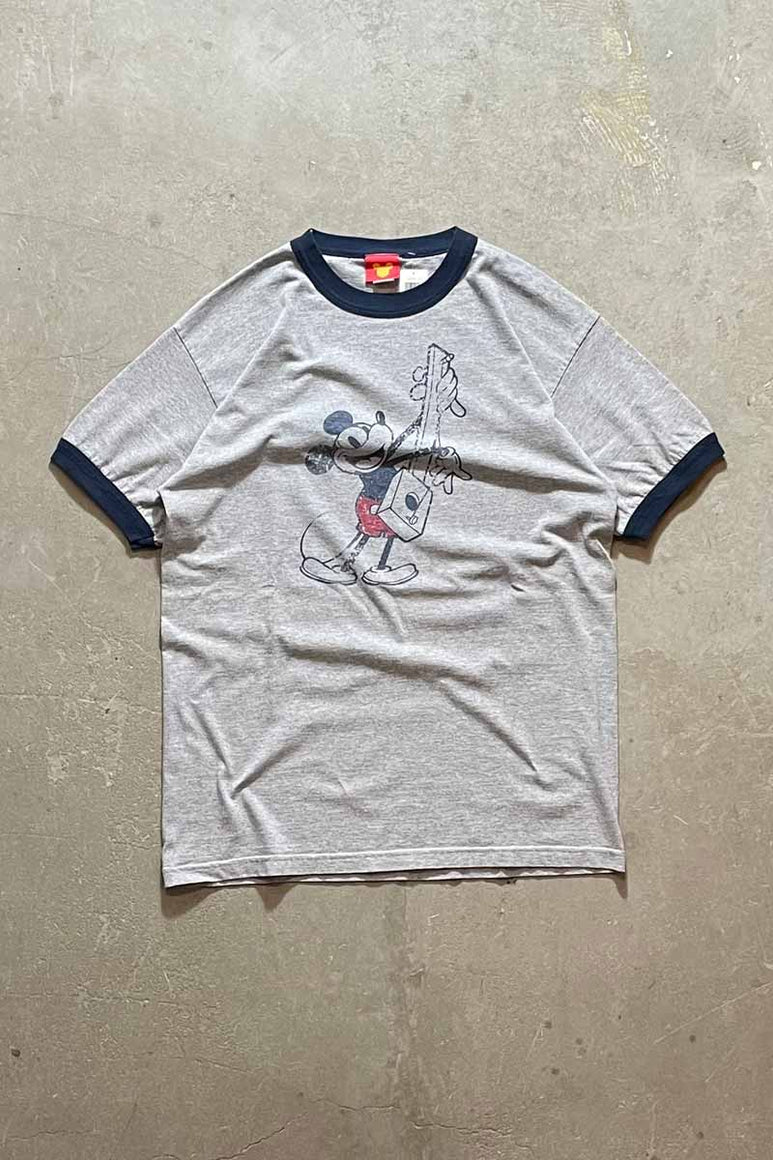 MADE IN MEXICO EARLY 00'S MICKEY PRINT RINGER CHARACTER T-SHIRT / GRAY / NAVY [SIZE: L USED]