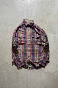 90'S L/S WORK CHECK SHIRT W/LEATHER PATCH / MULTI [SIZE: M USED]