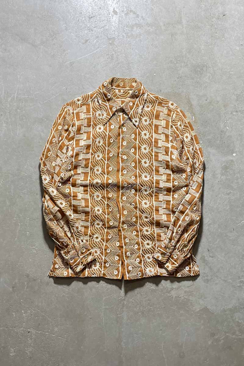 70'S LONG SLEEVE EMBROIDERED DESIGN SHIRT / BROWN [SIZE: M USED]