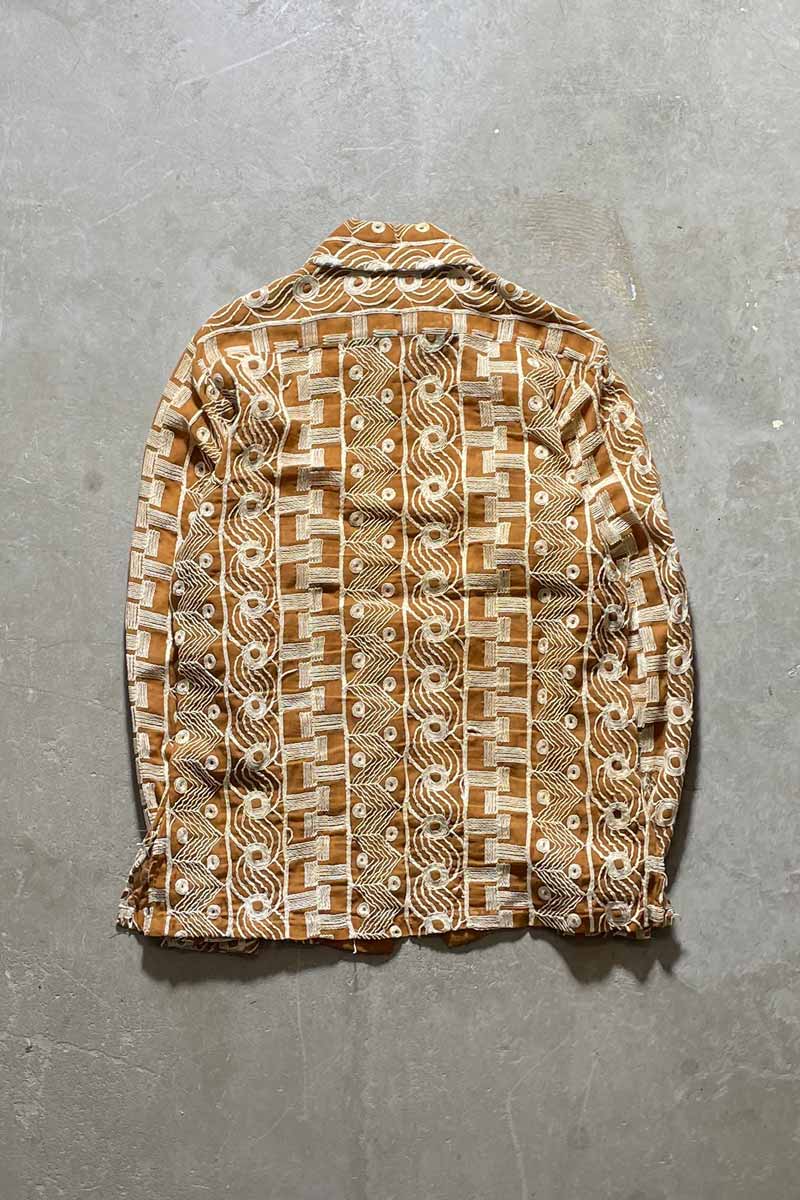 70'S LONG SLEEVE EMBROIDERED DESIGN SHIRT / BROWN [SIZE: M USED]